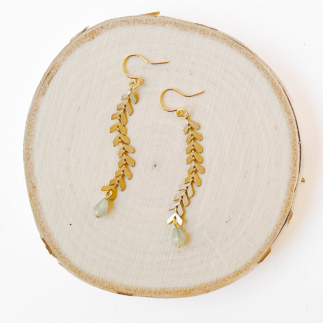 Long Gold Chevron and  Grey Bead Earrings