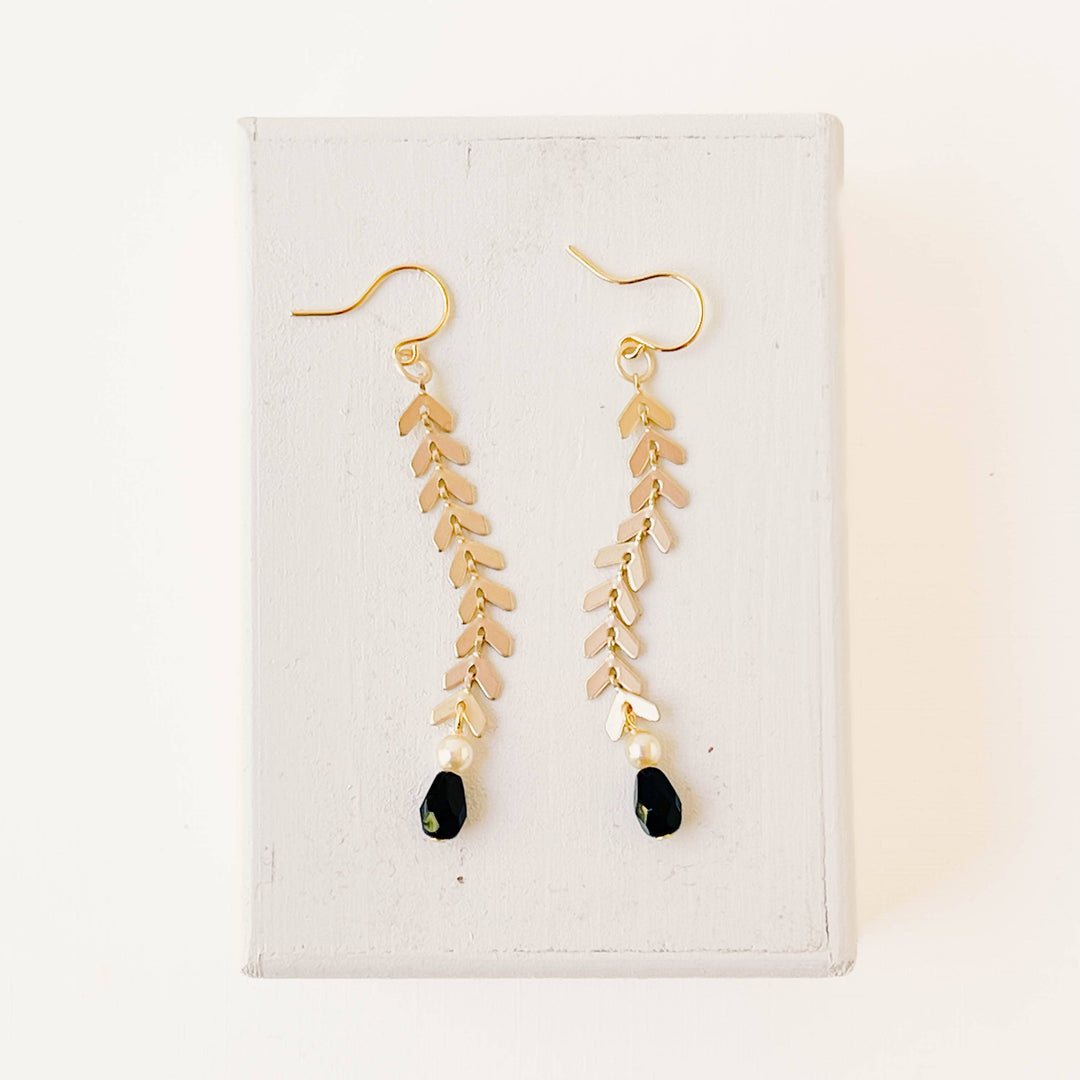 Long Gold Chevron Earrings with Pearl and Black Beads