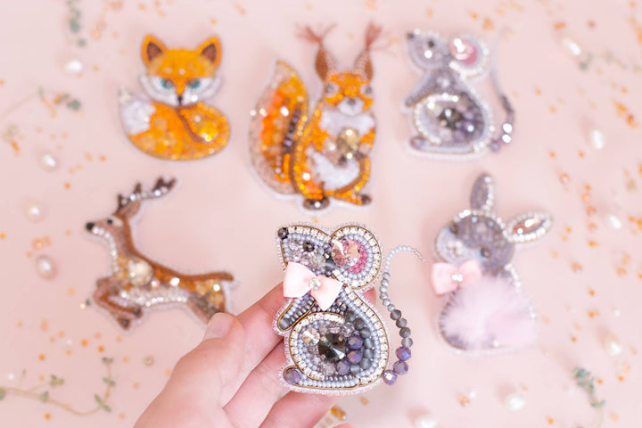 Bead Embroidery Kit: Mouse with Pink Bow Brooch DIY Craft