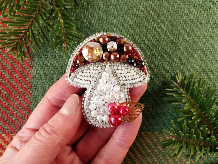 Set of 4 Bead Embroidery Kit: DIY Forest Mushroom Brooch