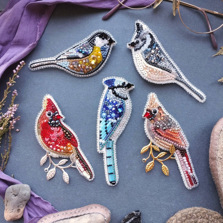 Set Of 5 Forest Bird Brooch Embroidery Kit, DIY Jewelry