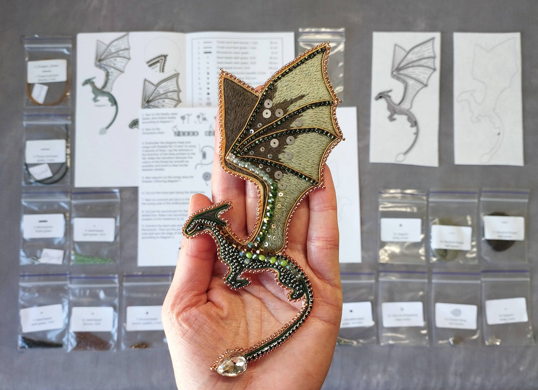 Green Dragon Beaded Brooch Kit: DIY Embroidery Jewelry