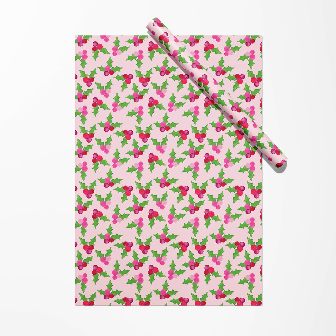 Pink Holly Berries Gift Wrap