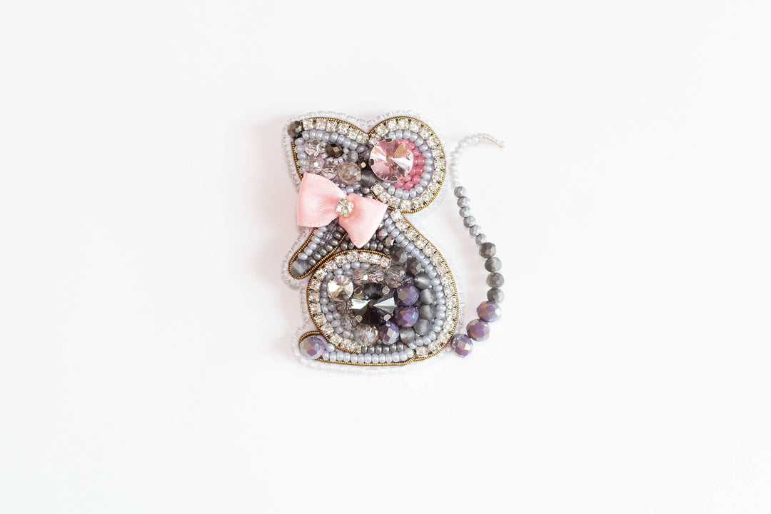 Bead Embroidery Kit: Mouse with Pink Bow Brooch DIY Craft