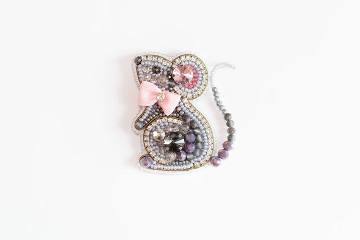 Bead Embroidery Kit: Mouse with Pink Bow Brooch DIY Craft