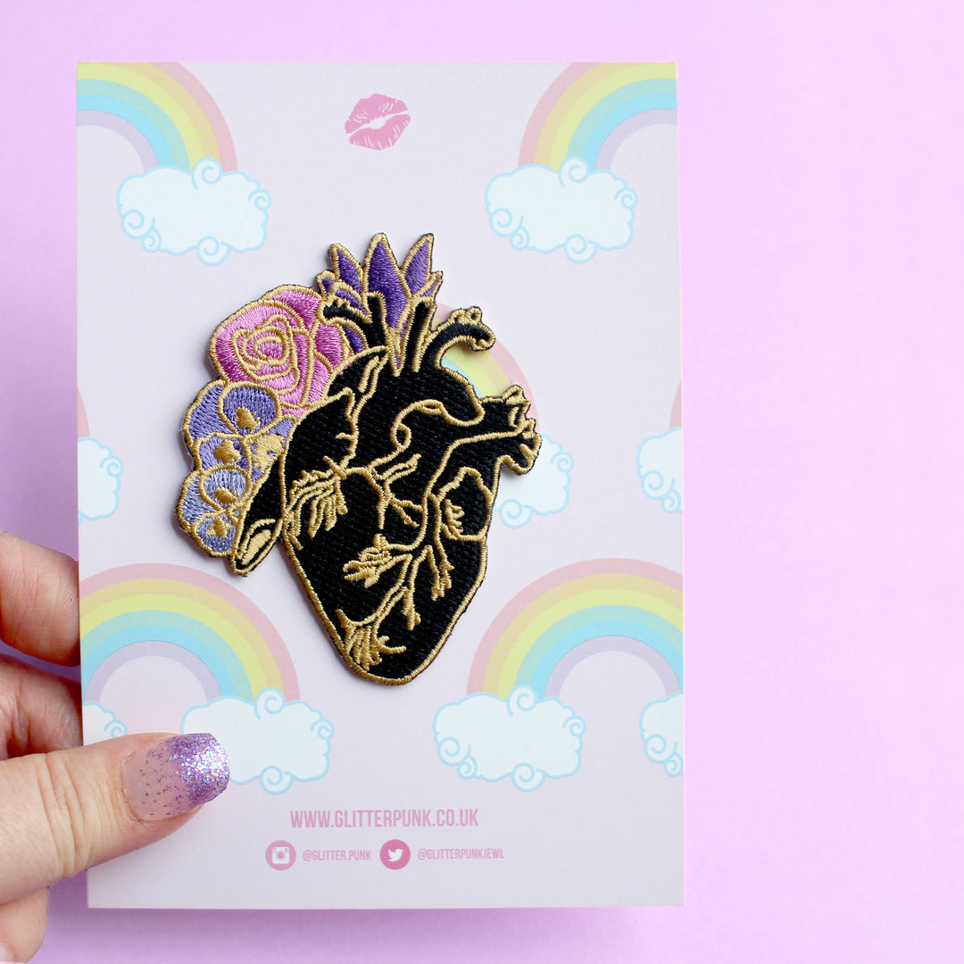 Anatomical heart embroidered iron-on patch