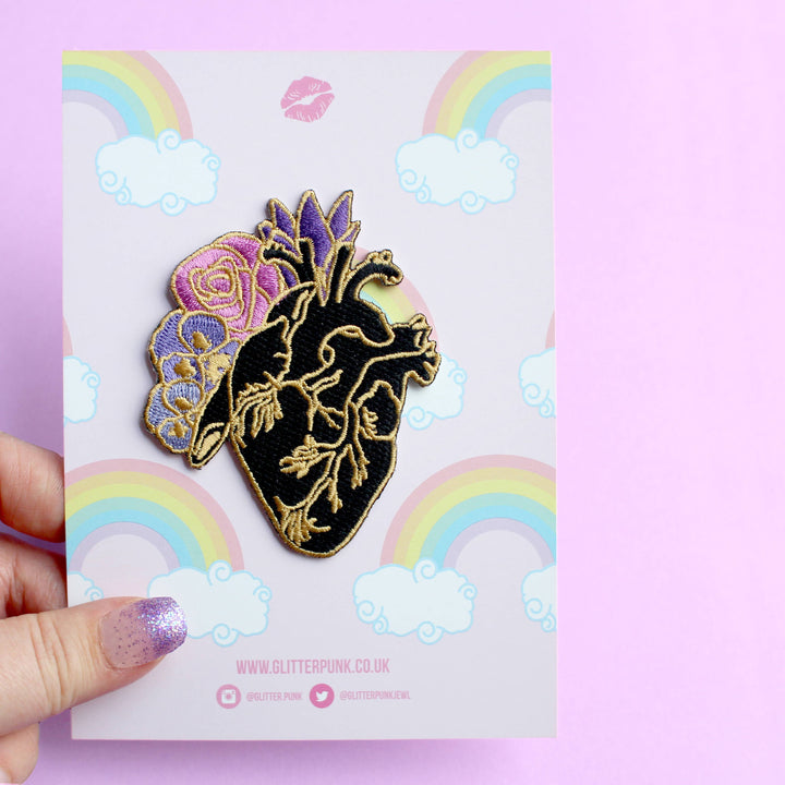 Anatomical heart embroidered iron-on patch