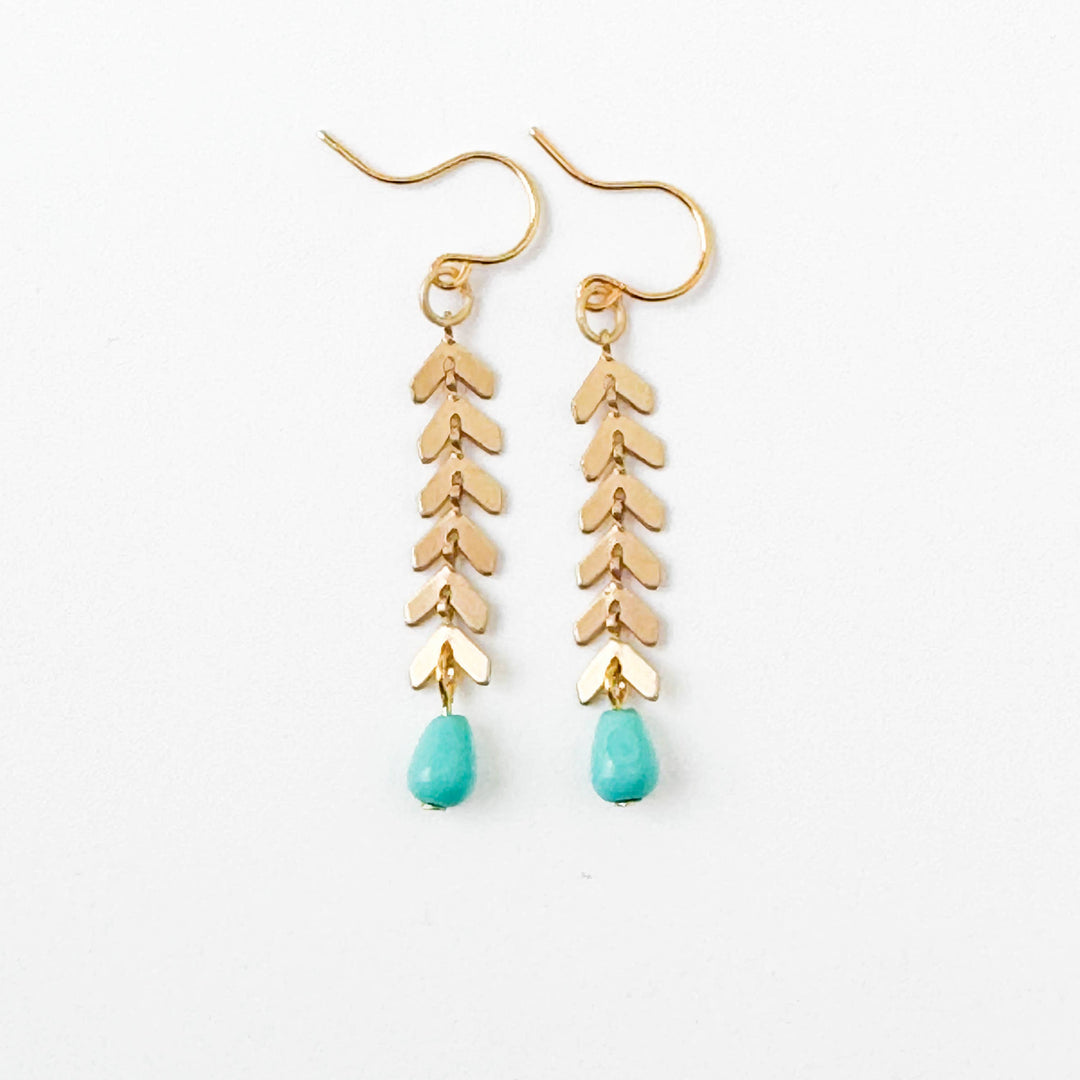 Gold Chevron Earrings With Turquoise Glass Beads