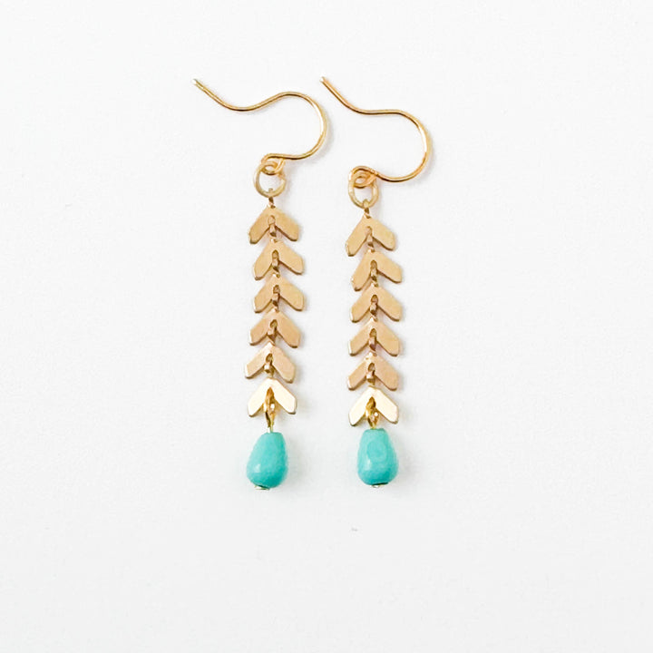 Gold Chevron Earrings With Turquoise Glass Beads