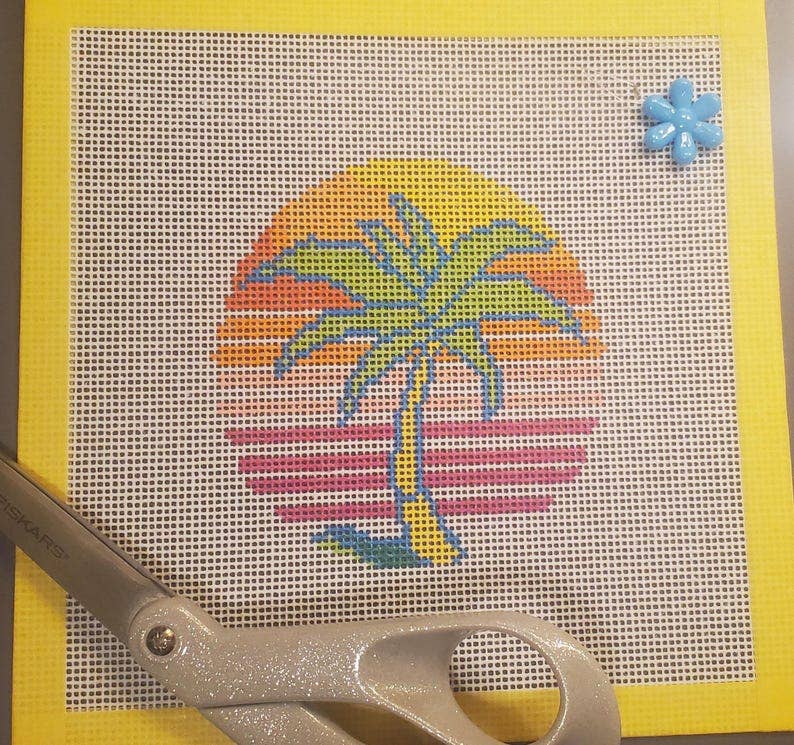 Coastal Palm Tree needlepoint hand painted canvas 14 mesh