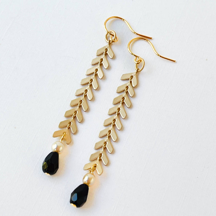 Long Gold Chevron Earrings with Pearl and Black Beads