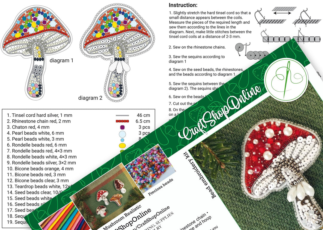 Set of 4 Bead Embroidery Kit: DIY Forest Mushroom Brooch