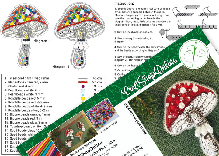 Set of 4 Bead Embroidery Kit: DIY Forest Mushroom Brooch