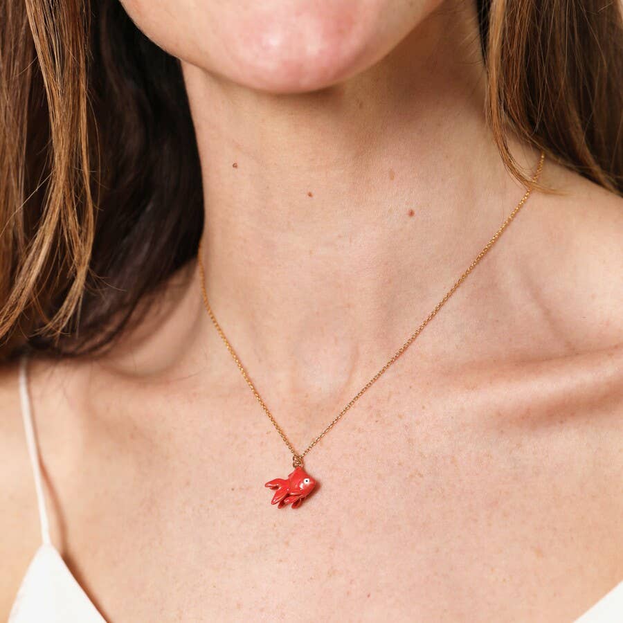 Red Goldfish Pendant Necklace in Gold