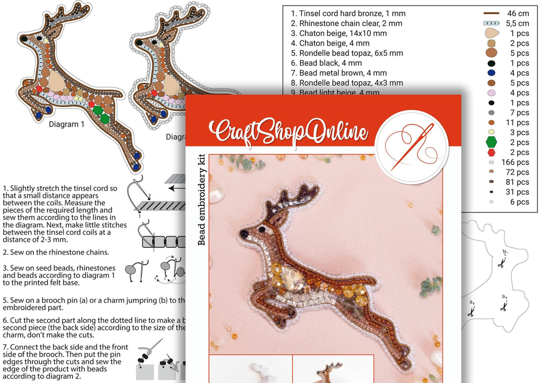 Deer Brooch Bead Embroidery Kit: DIY Animal Jewelry Making