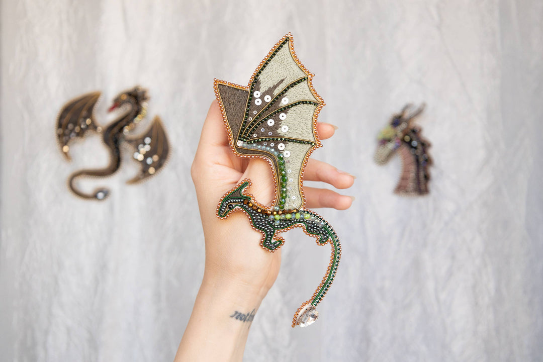 Green Dragon Beaded Brooch Kit: DIY Embroidery Jewelry