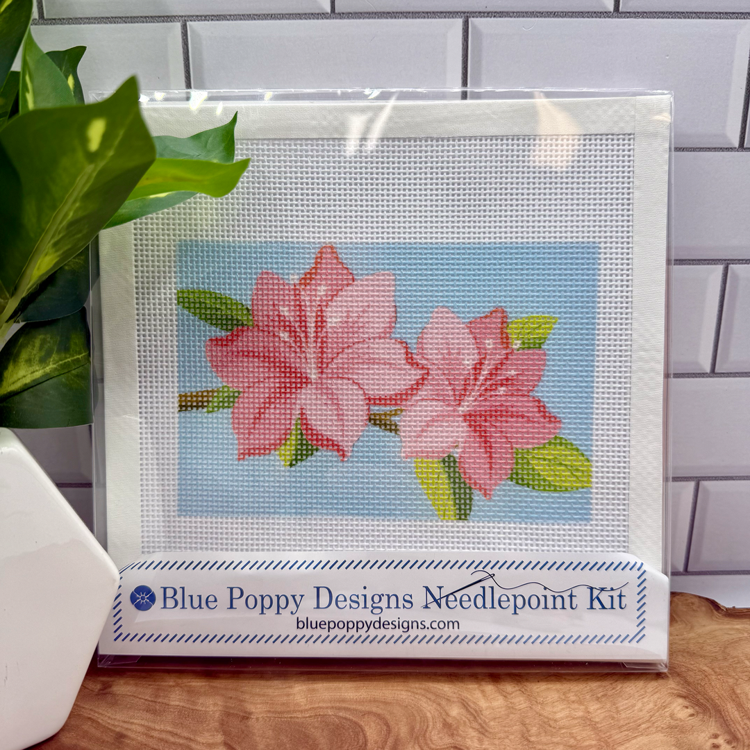 Azaleas Needlepoint Kit (on brown branch blue background)