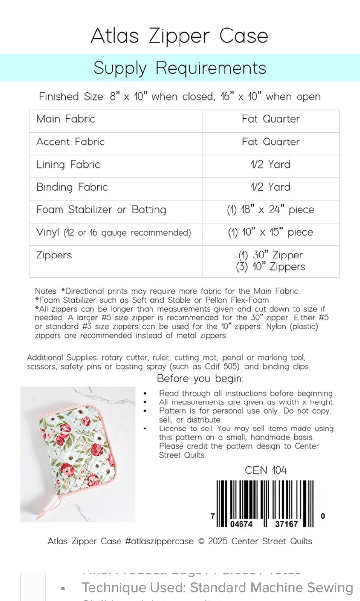 Atlas Zipper Case Pattern