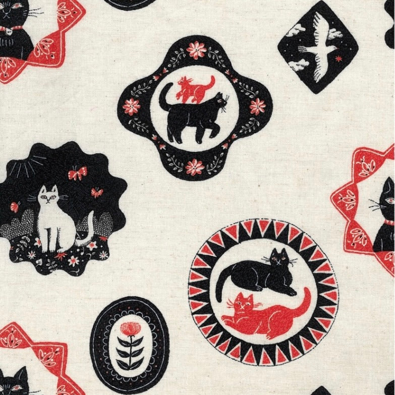 Sanae Sugimoto Cat Days Fabric by the 1/4 Yard - Black & Red