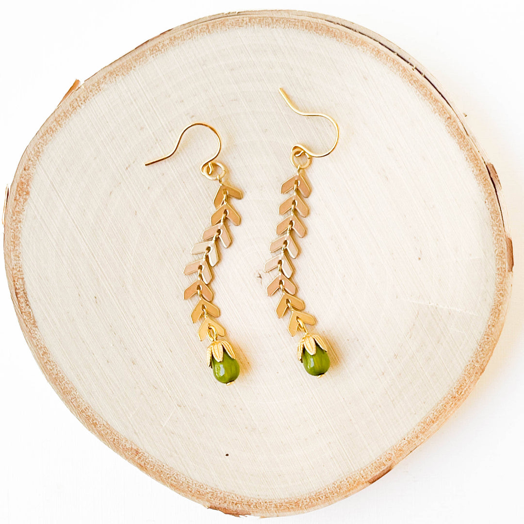 Long Gold Chevron and Green Bead Earrings