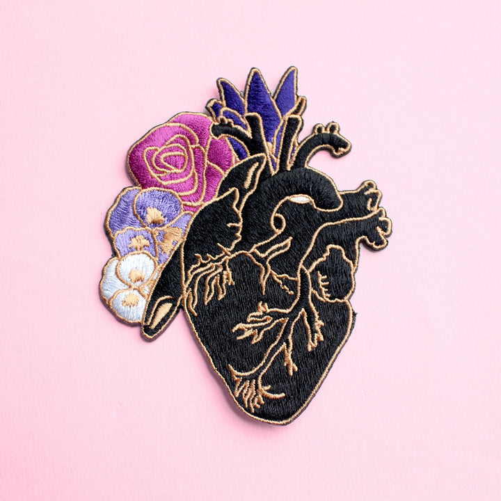 Anatomical heart embroidered iron-on patch