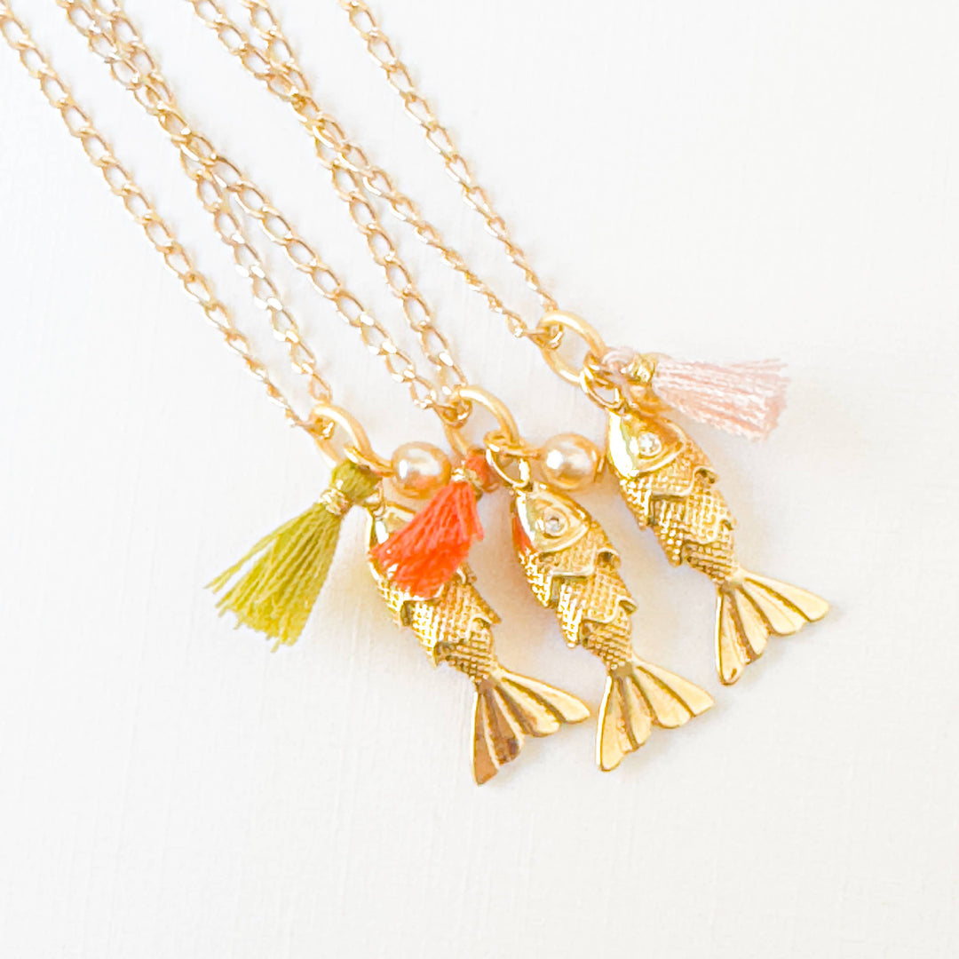 24K Gold Plated Fish Charm Necklace with Crystal Pearl