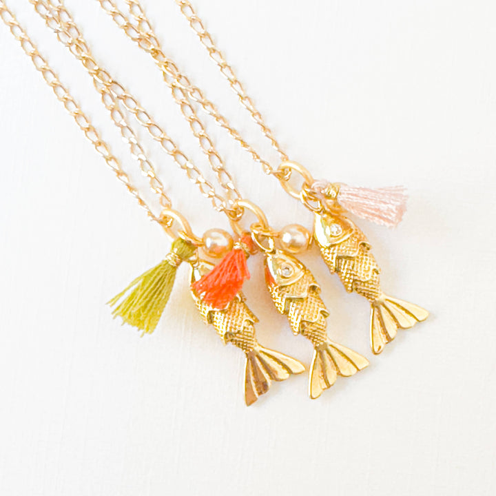 24K Gold Plated Fish Charm Necklace with Crystal Pearl