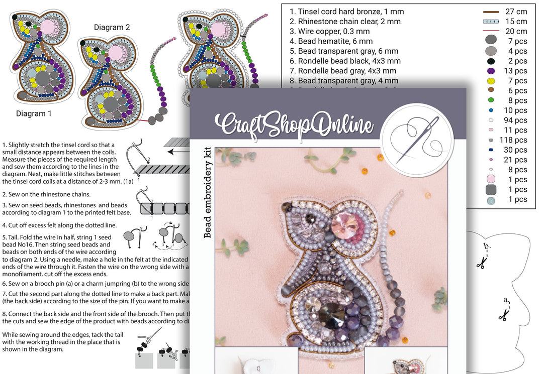 Bead Embroidery Kit: Mouse with Pink Bow Brooch DIY Craft