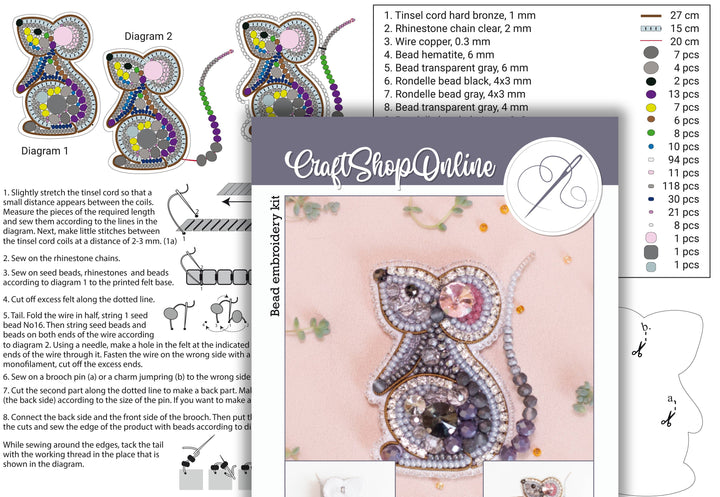 Bead Embroidery Kit: Mouse with Pink Bow Brooch DIY Craft