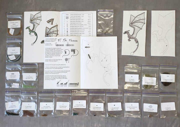 Green Dragon Beaded Brooch Kit: DIY Embroidery Jewelry