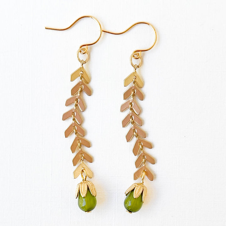 Long Gold Chevron and Green Bead Earrings