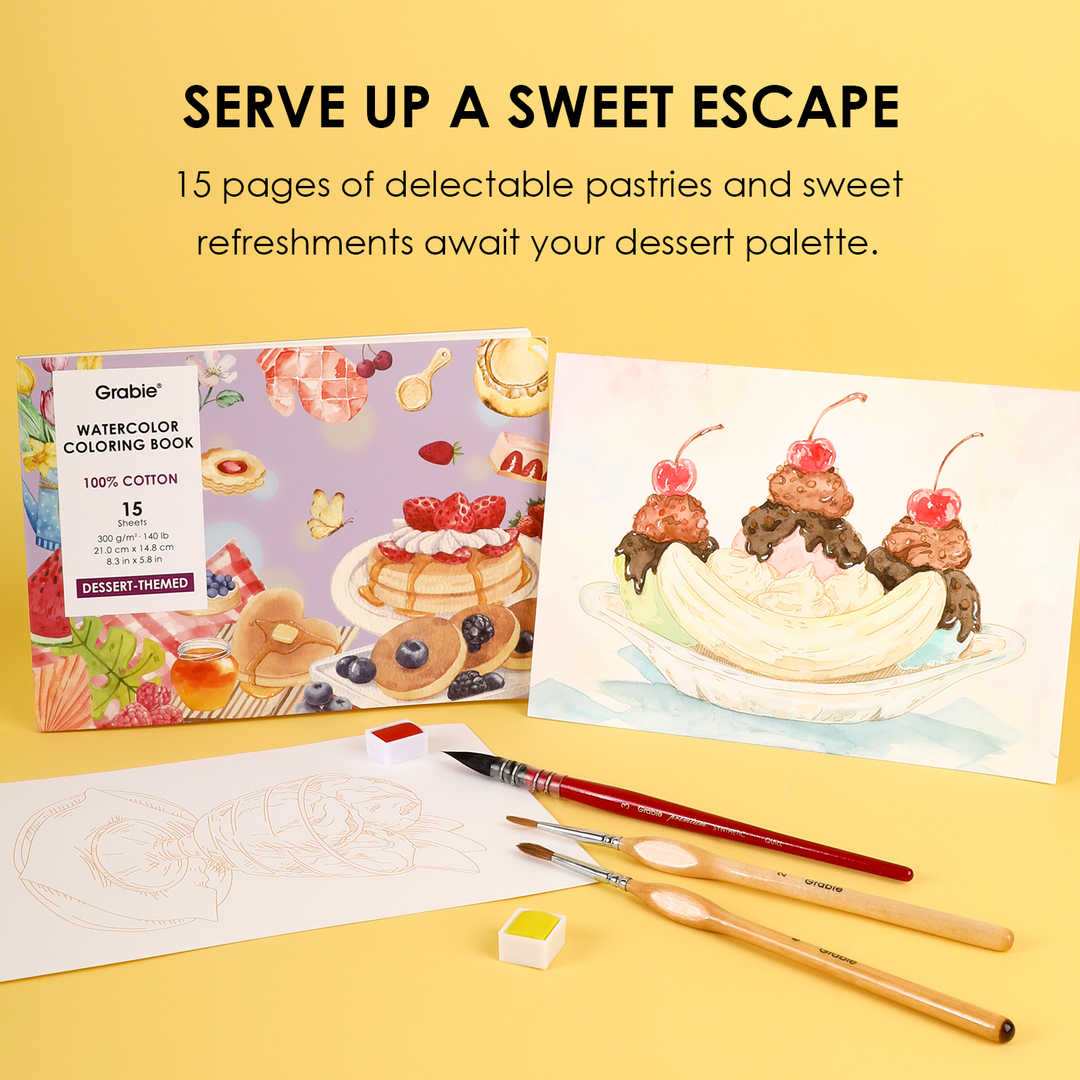 15 Sheets 140LB Dessert-Themed Watercolor Coloring Book