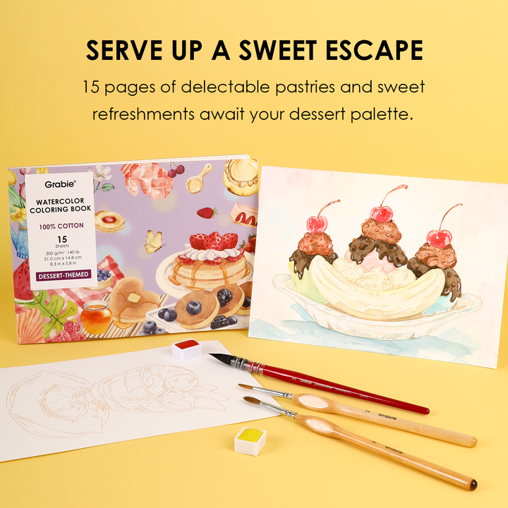 15 Sheets 140LB Dessert-Themed Watercolor Coloring Book