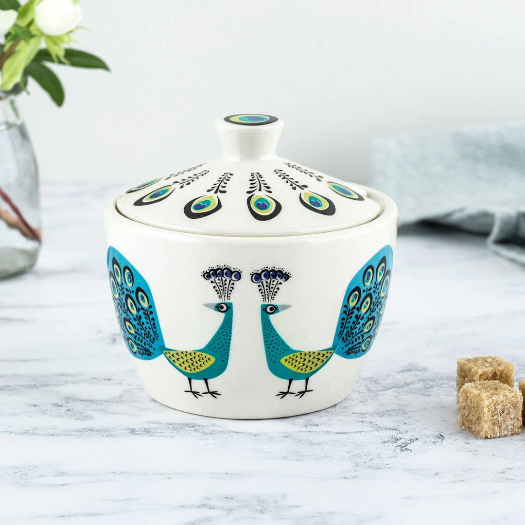 Handmade Ceramic Peacock Sugar Pot with Lid