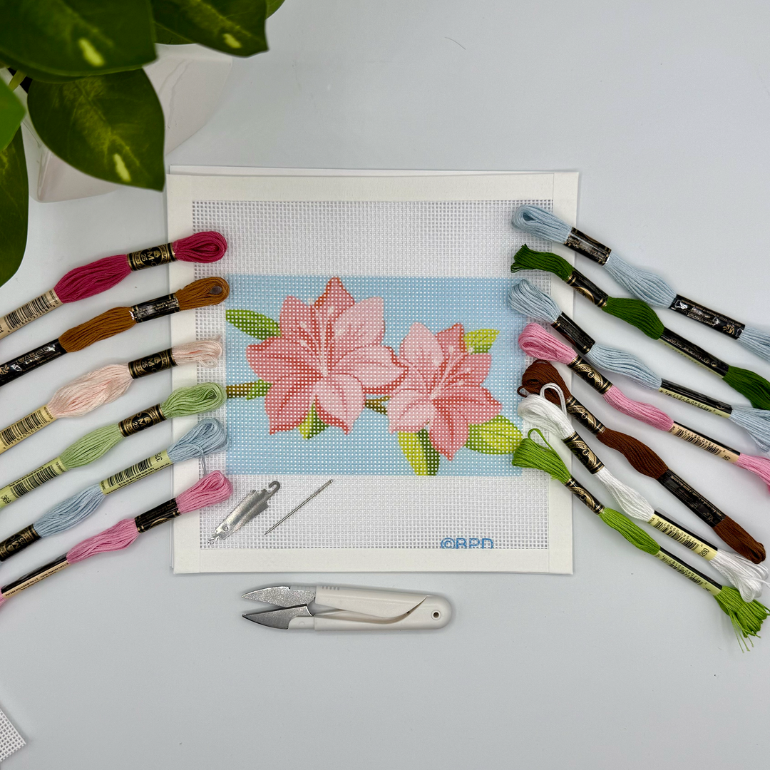 Azaleas Needlepoint Kit (on brown branch blue background)