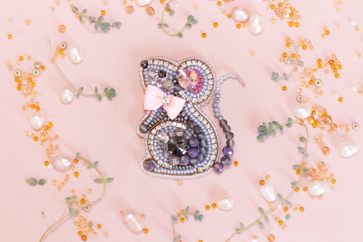 Bead Embroidery Kit: Mouse with Pink Bow Brooch DIY Craft