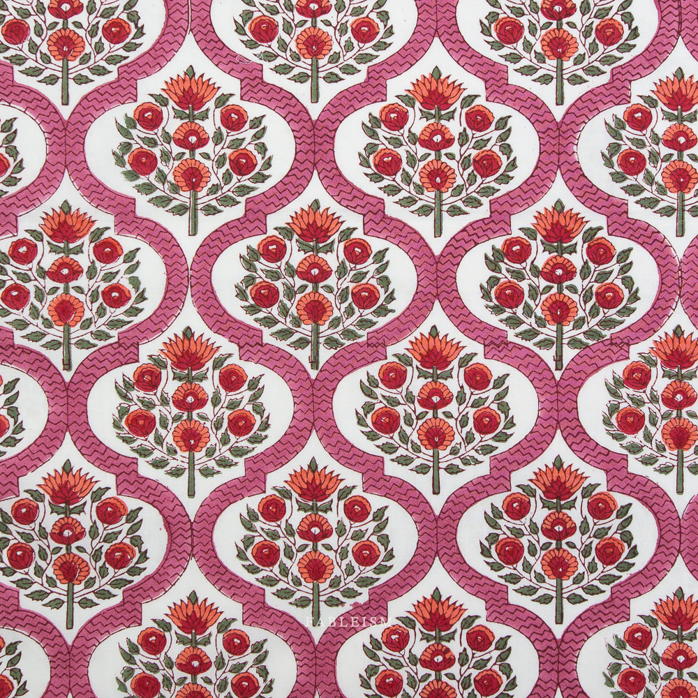 Indian Block Prints by the 1/4 Yard - Lattice Floral Pink