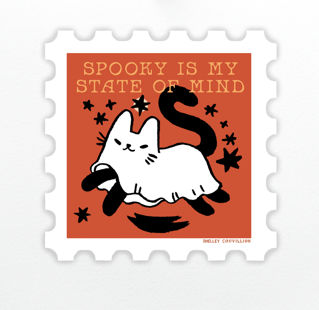 Spooky Cute Ghost Cat - stamp shaped sticker