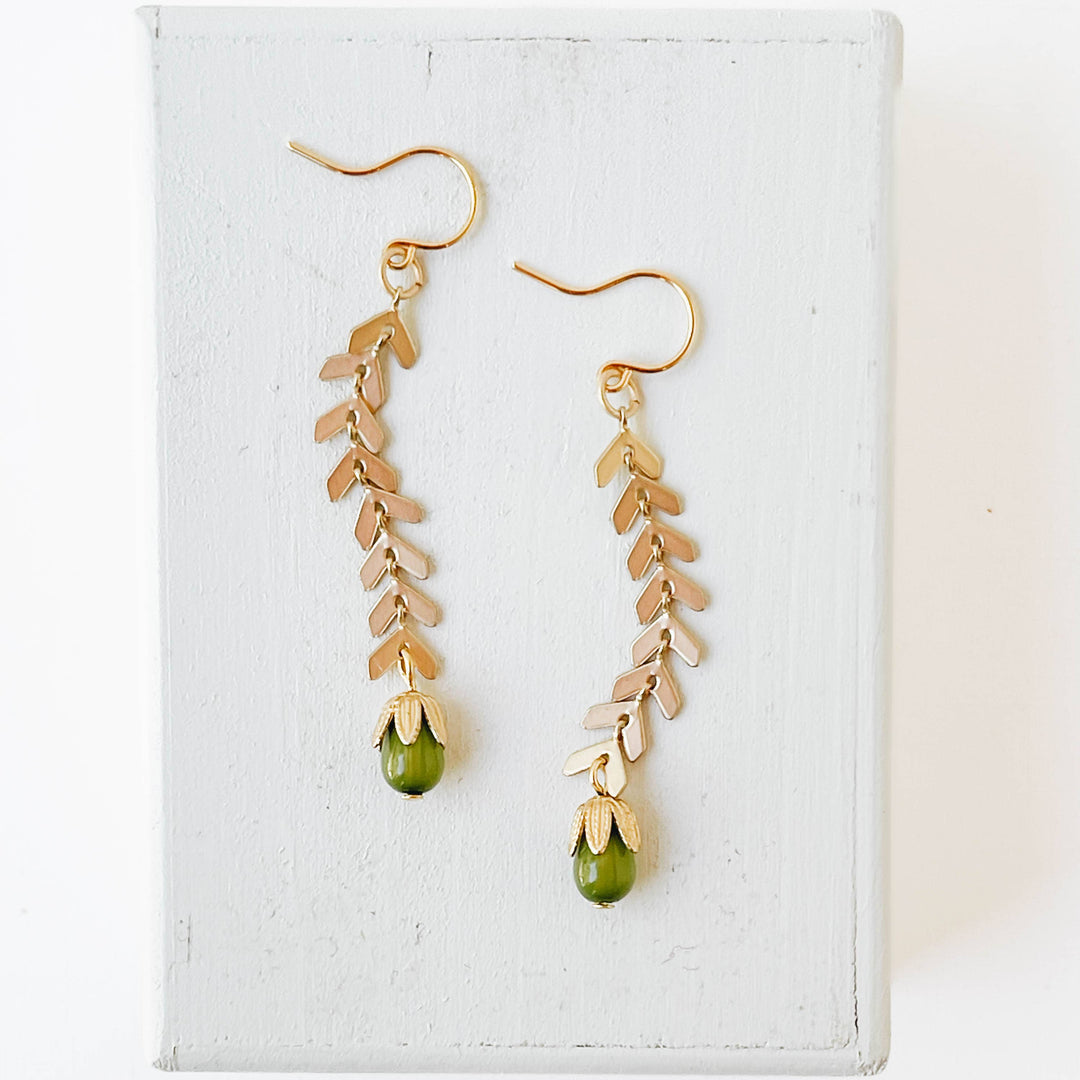 Long Gold Chevron and Green Bead Earrings