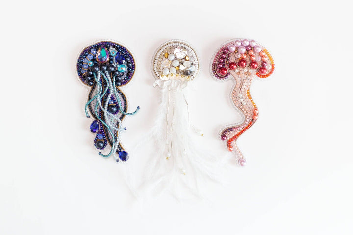 Set of 3 Jellyfish Brooches, Embroidery Kit: DIY Needlework