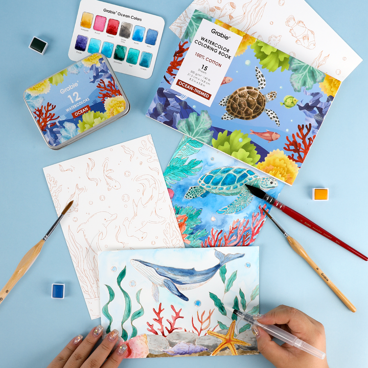 15 Sheets 140LB Ocean-Themed Watercolor Coloring Book