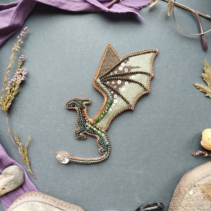 Green Dragon Beaded Brooch Kit: DIY Embroidery Jewelry