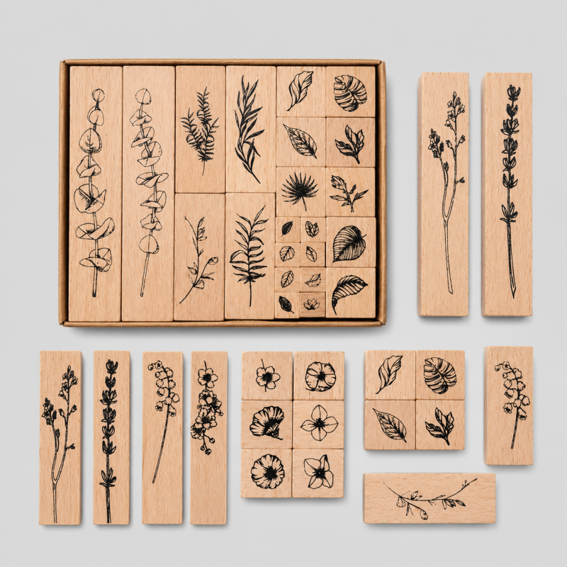 Vintage Botanical Wooden Rubber Stamp Set