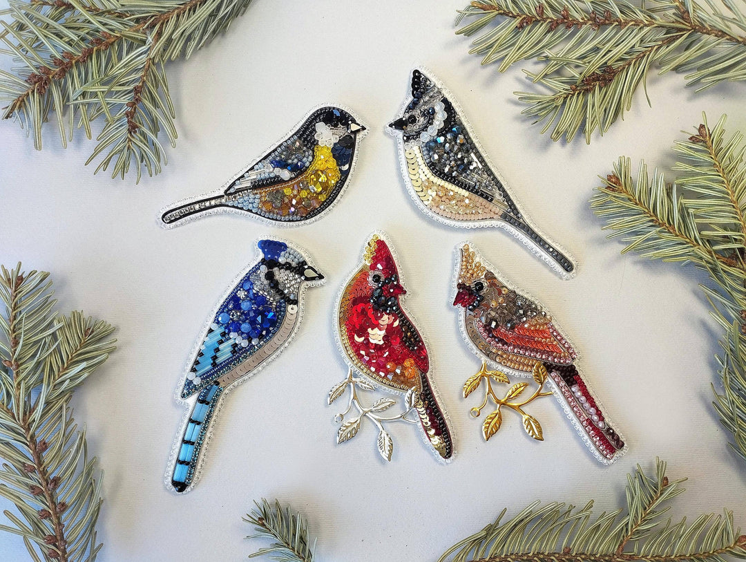 Set Of 5 Forest Bird Brooch Embroidery Kit, DIY Jewelry