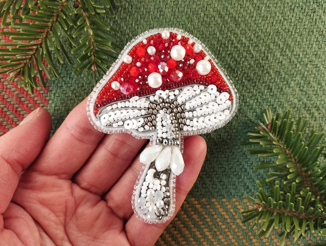 Set of 4 Bead Embroidery Kit: DIY Forest Mushroom Brooch