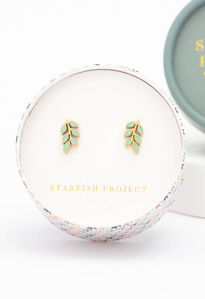 Rowen Leaf Stud Earrings- Gold Plated Leaf Design Studs Mint Green Stud Earrings