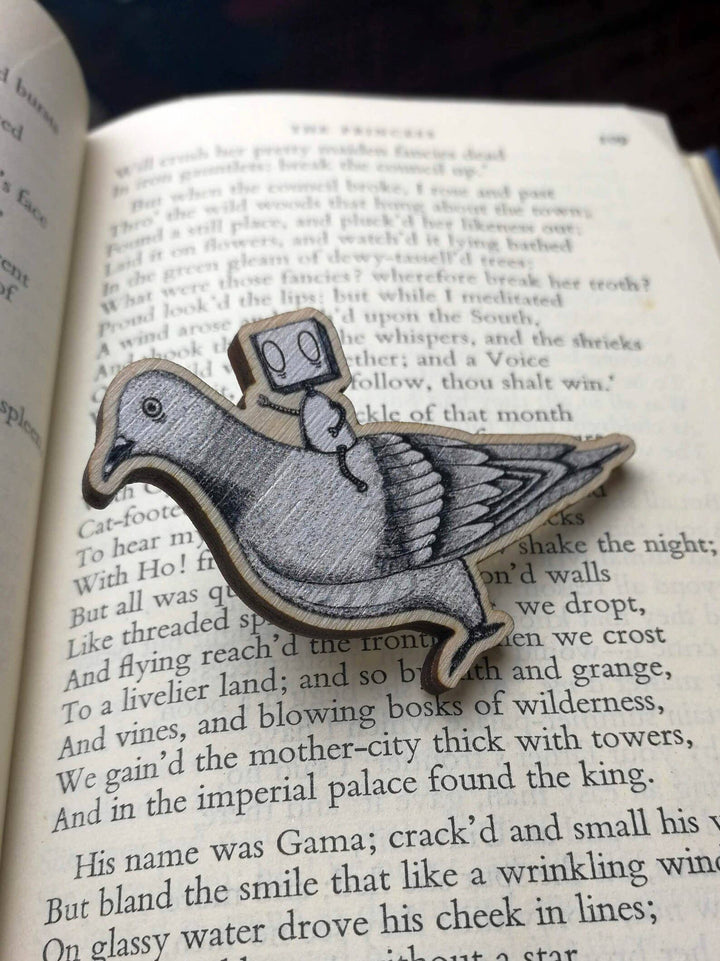 Robot on a Pigeon Wooden Pin Badge