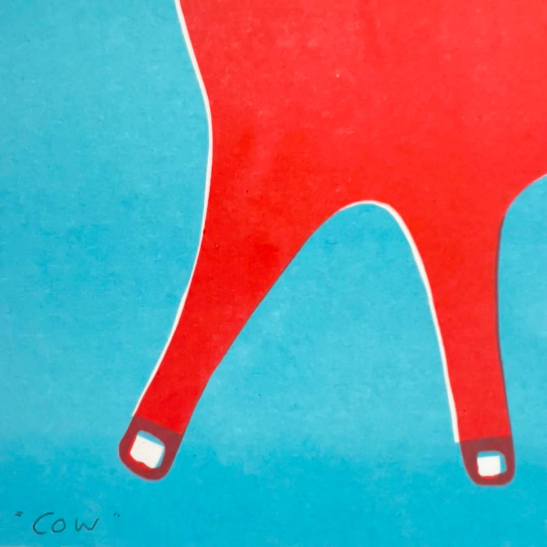 Cow Art Print in Red and Light Blue