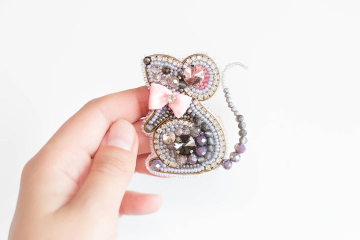 Bead Embroidery Kit: Mouse with Pink Bow Brooch DIY Craft
