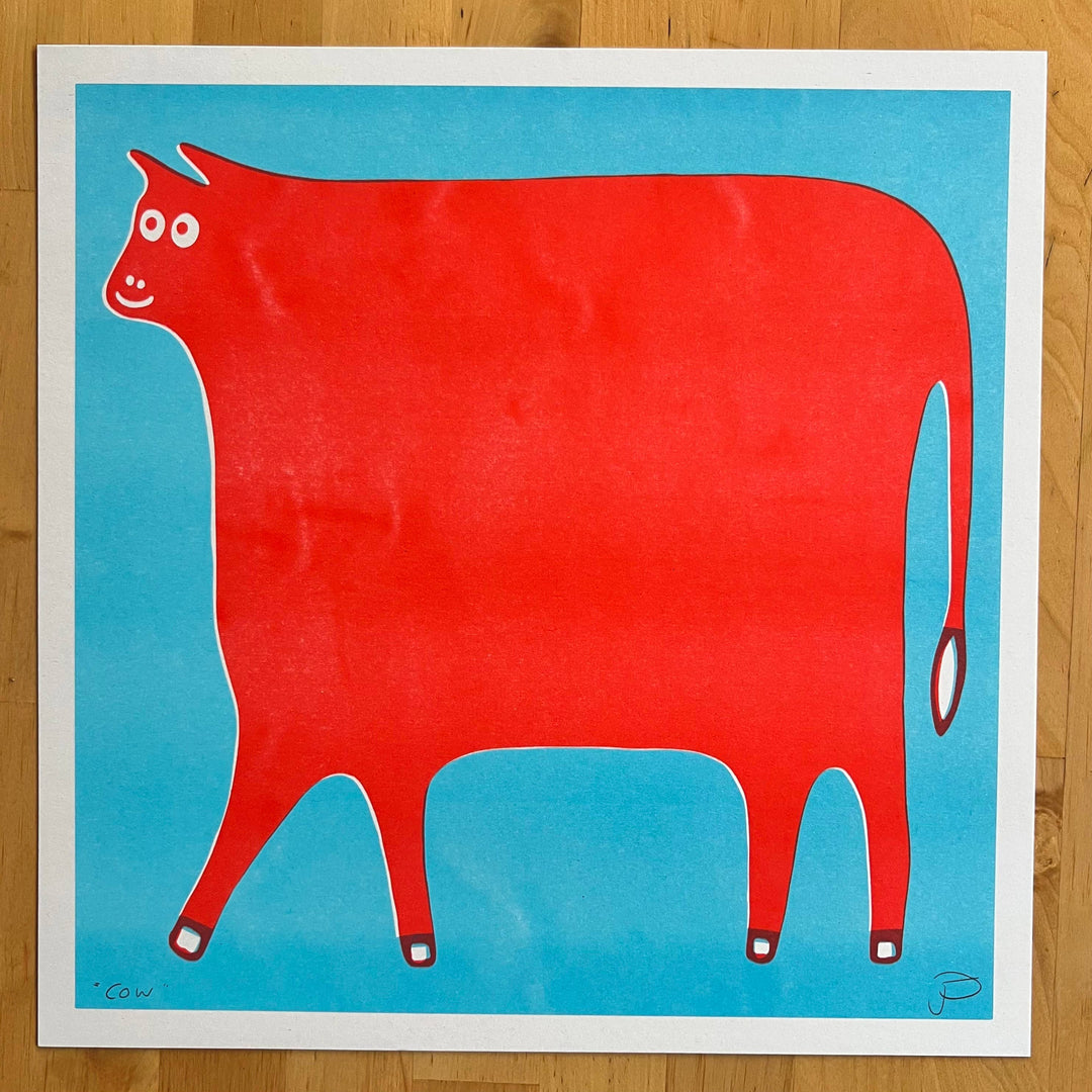 Cow Art Print in Red and Light Blue